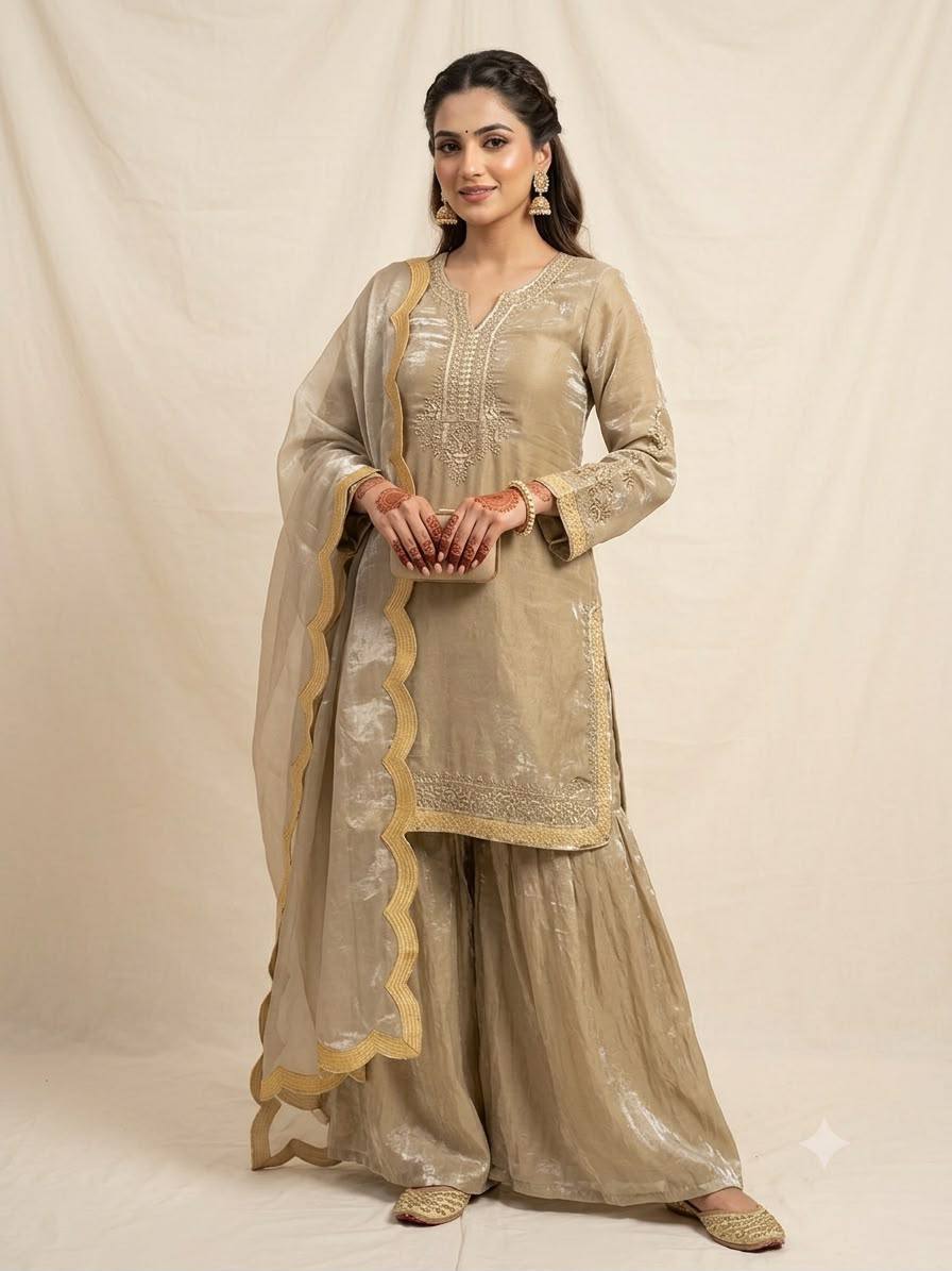Beige Embroidered Kurta with Sharara & Dupatta Set