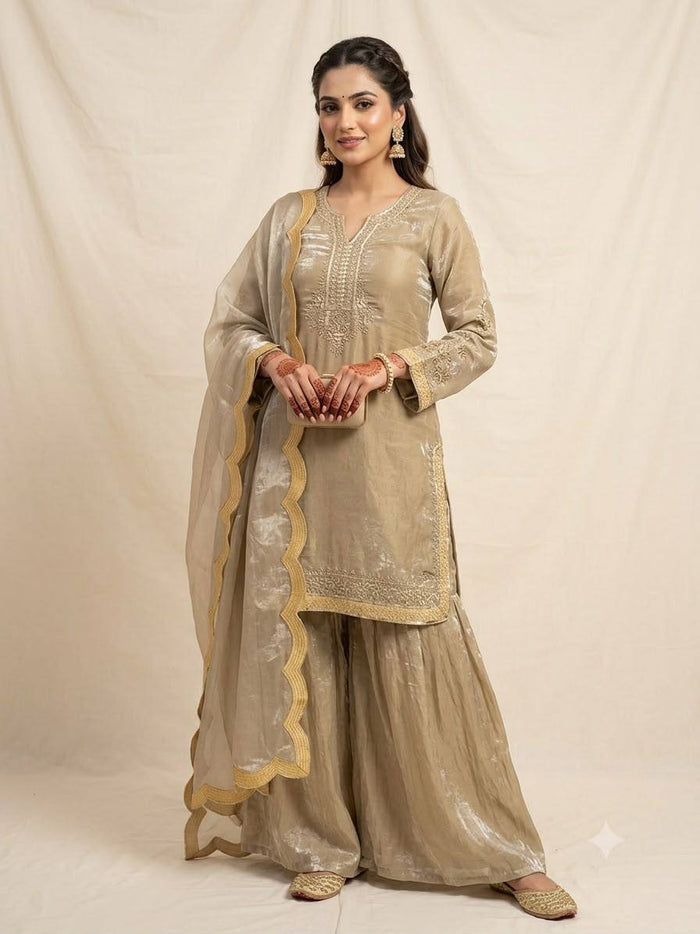 Beige Embroidered Kurta with Sharara & Dupatta Set