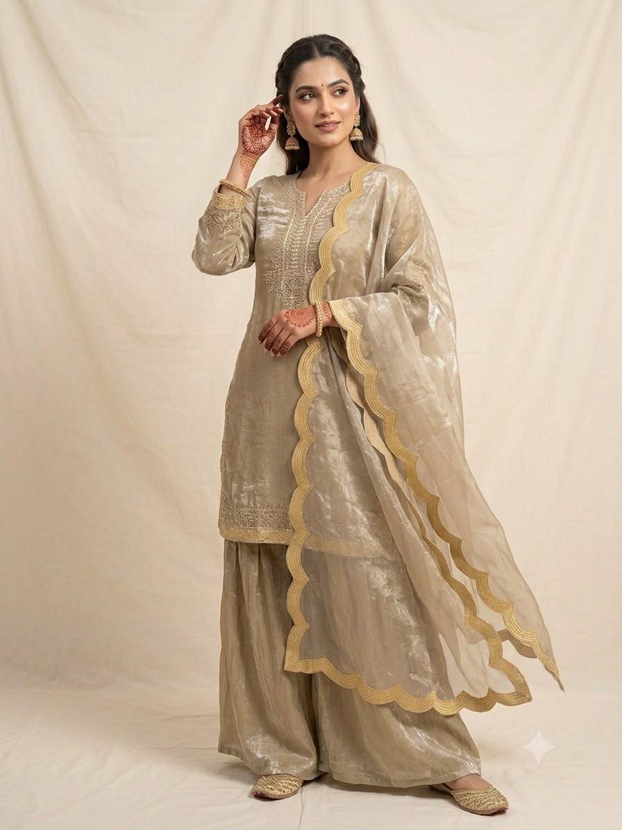 Beige Embroidered Kurta with Sharara & Dupatta Set