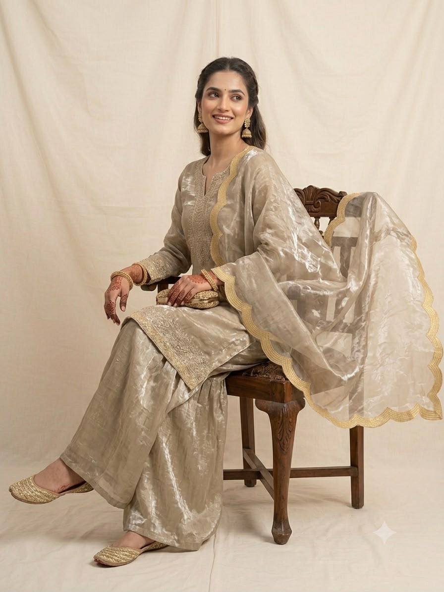 Beige Embroidered Kurta with Sharara & Dupatta Set