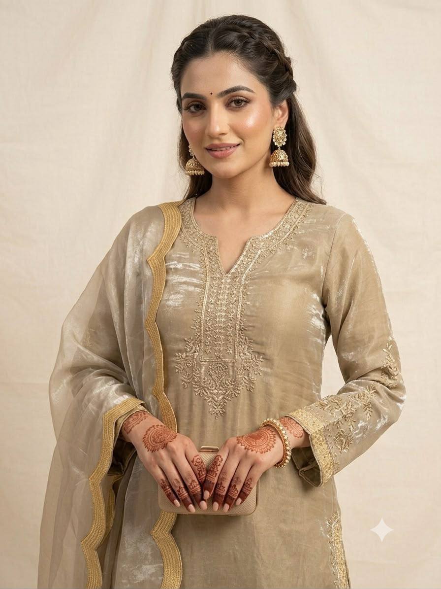 Beige Embroidered Kurta with Sharara & Dupatta Set