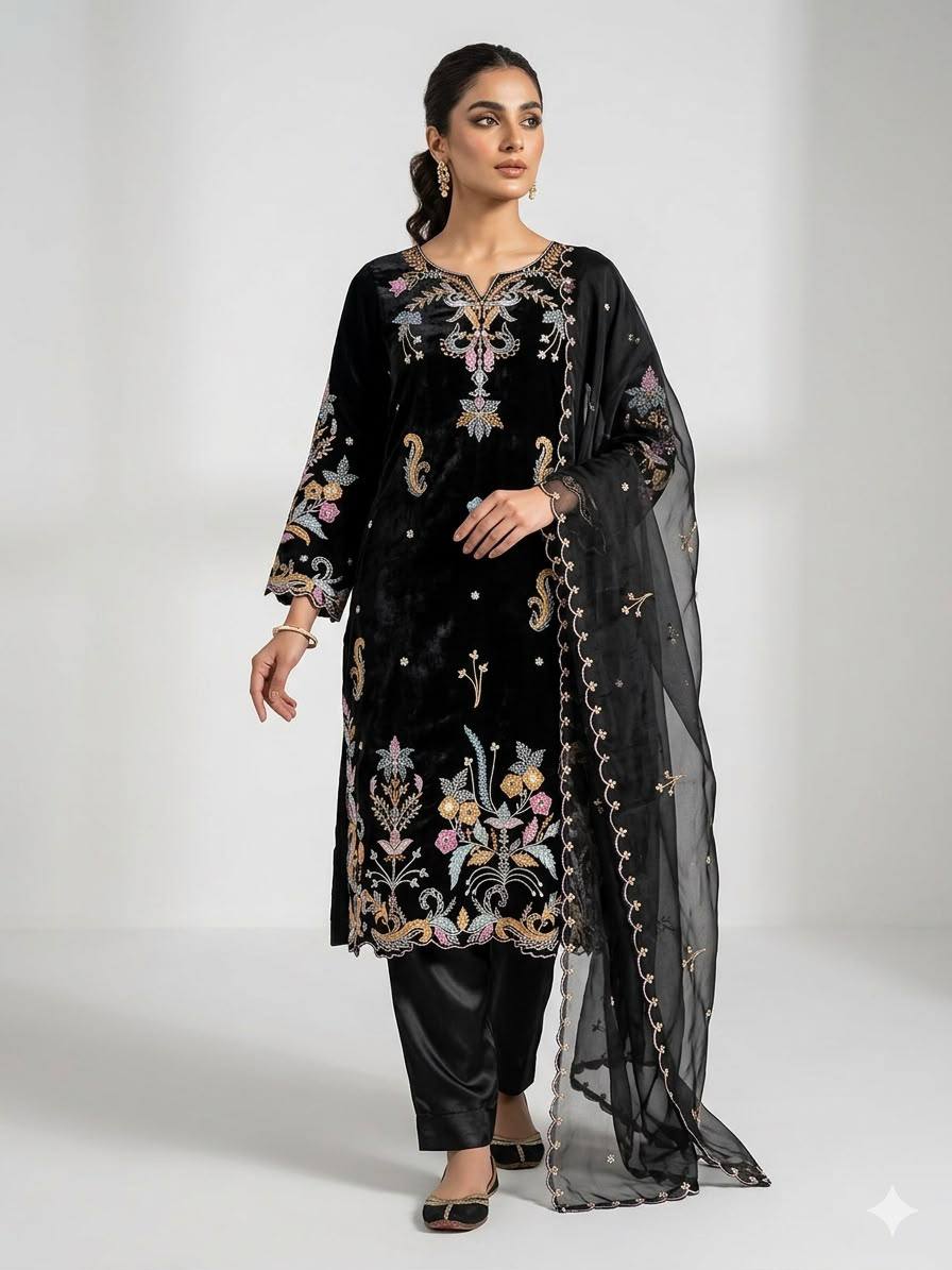 Black Velvet Embroidered Pakistani Suit Set with Dupatta