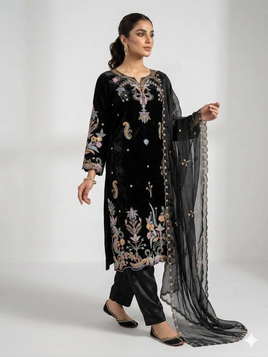 Black Velvet Embroidered Pakistani Suit Set with Dupatta