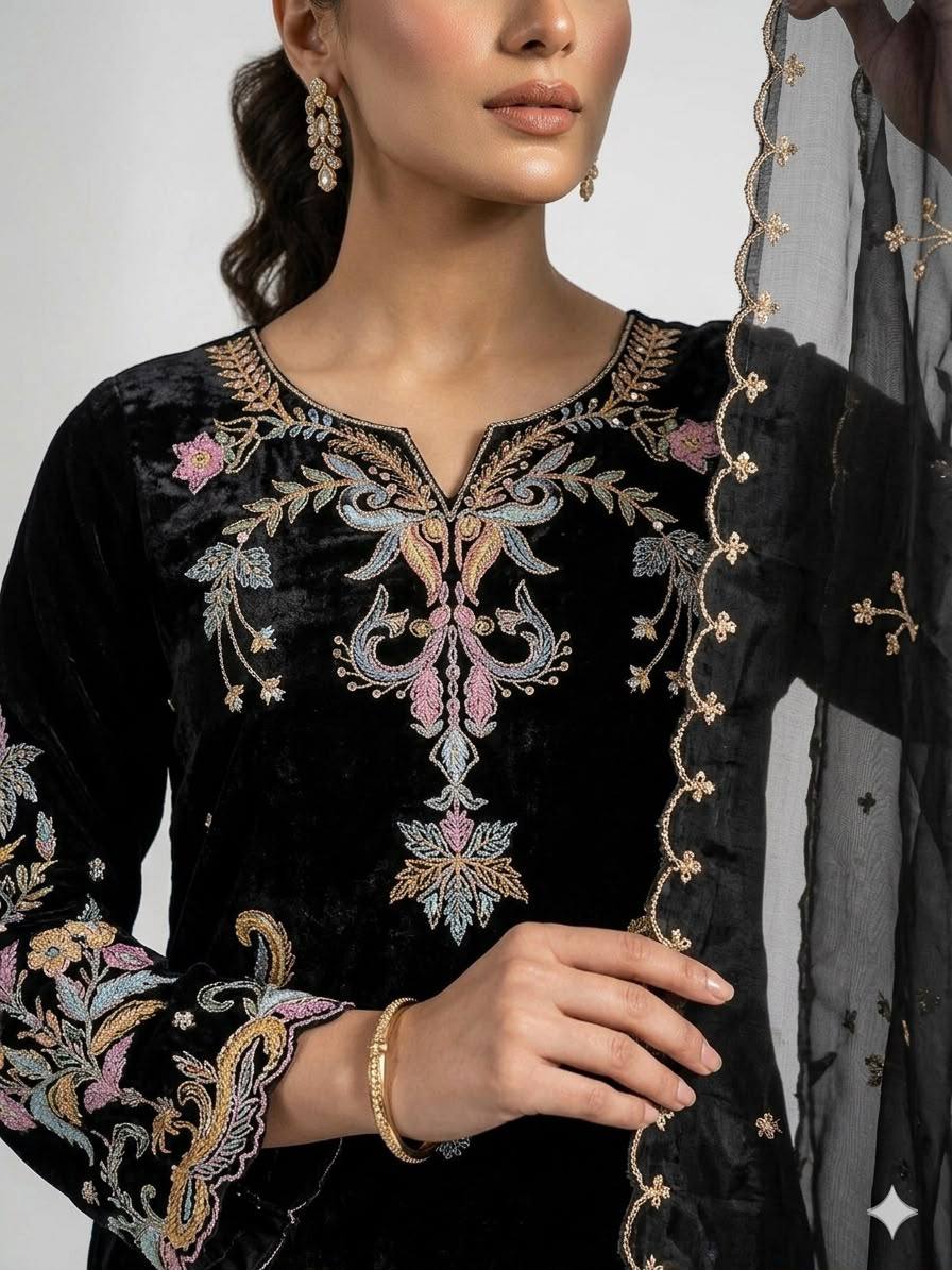 Black Velvet Embroidered Pakistani Suit Set with Dupatta