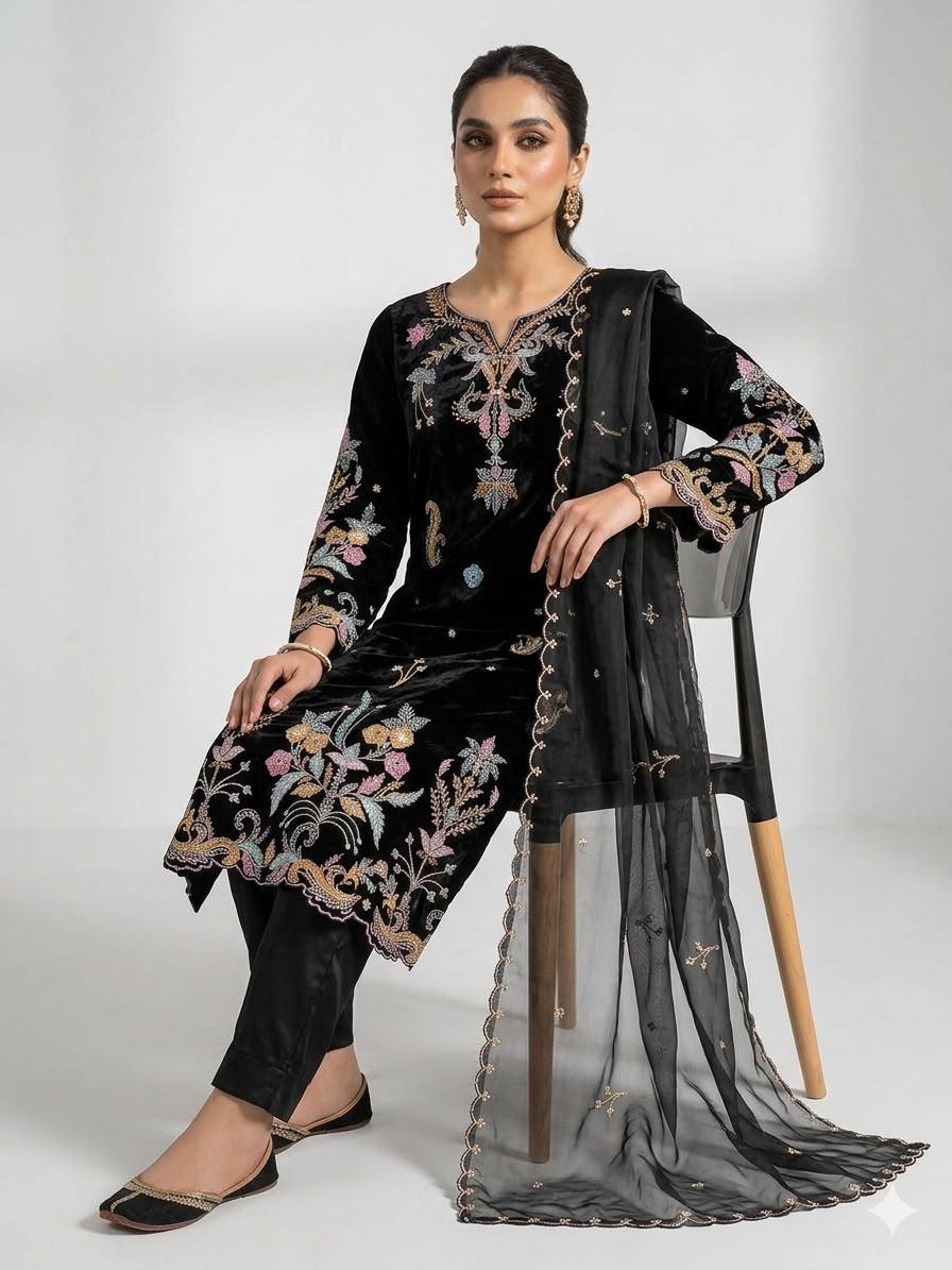 Black Velvet Embroidered Pakistani Suit Set with Dupatta