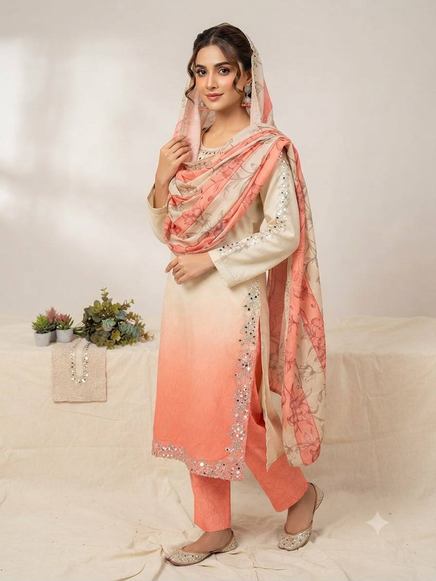 Embroidered Straight Kurta Pant With Printed Dupatta | Peach & Yellow