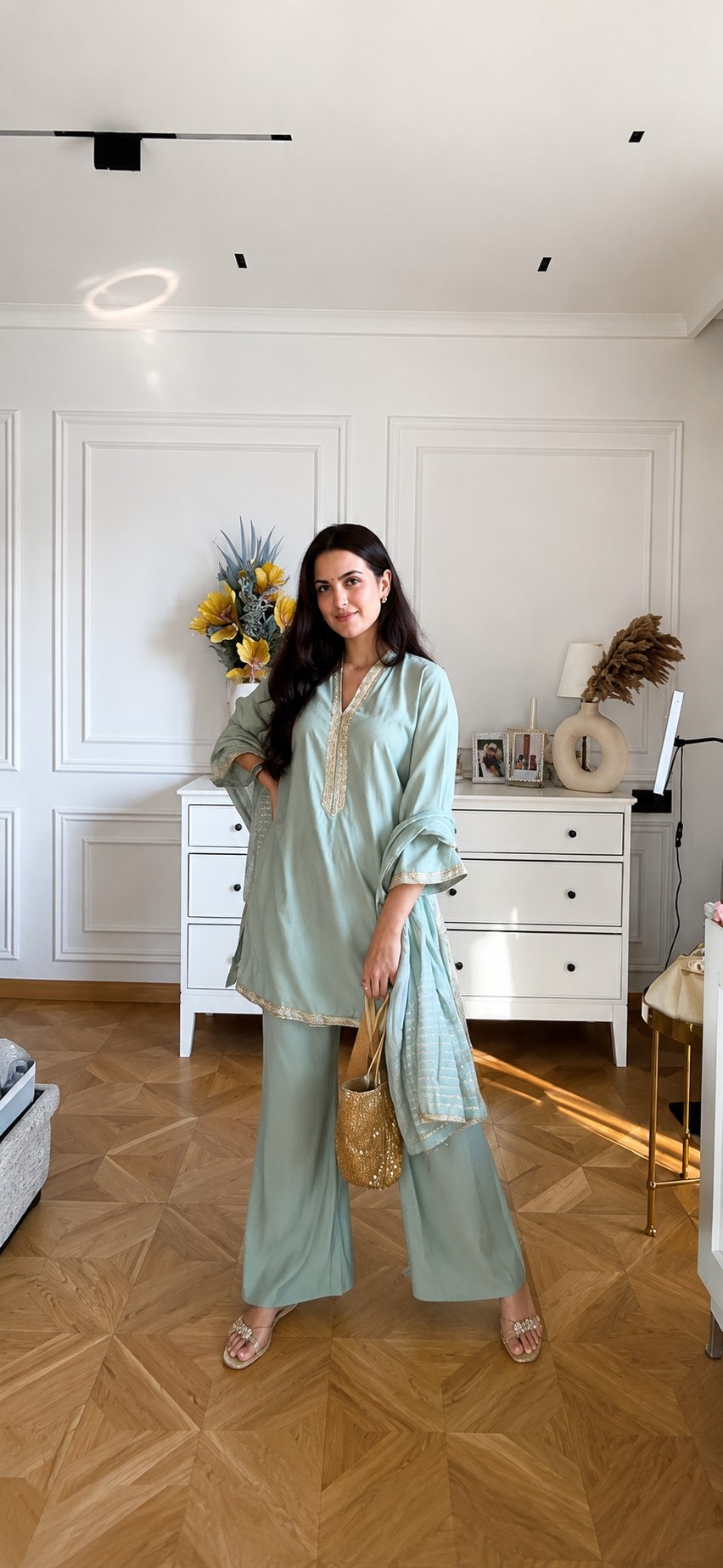 Designer Mint Green Embroidered Kurta Pant Dupatta Set