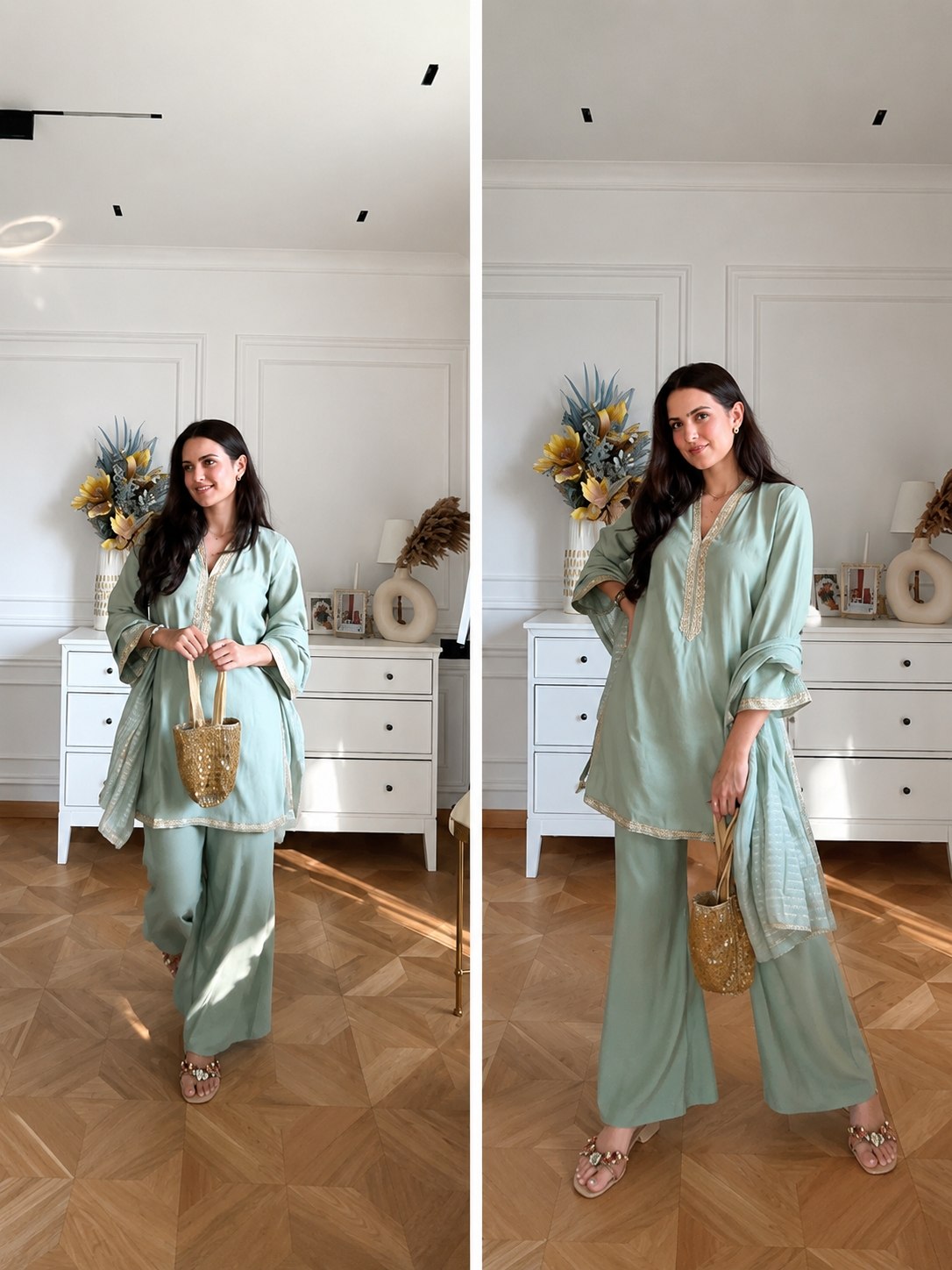 Designer Mint Green Embroidered Kurta Pant Dupatta Set