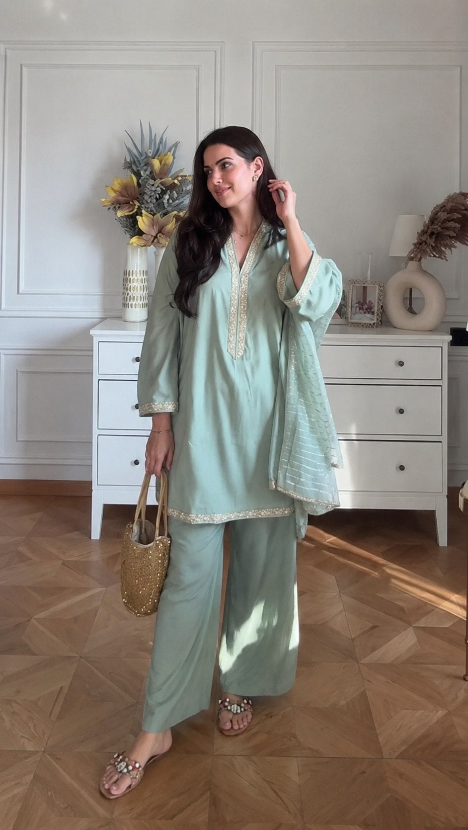 Designer Mint Green Embroidered Kurta Pant Dupatta Set