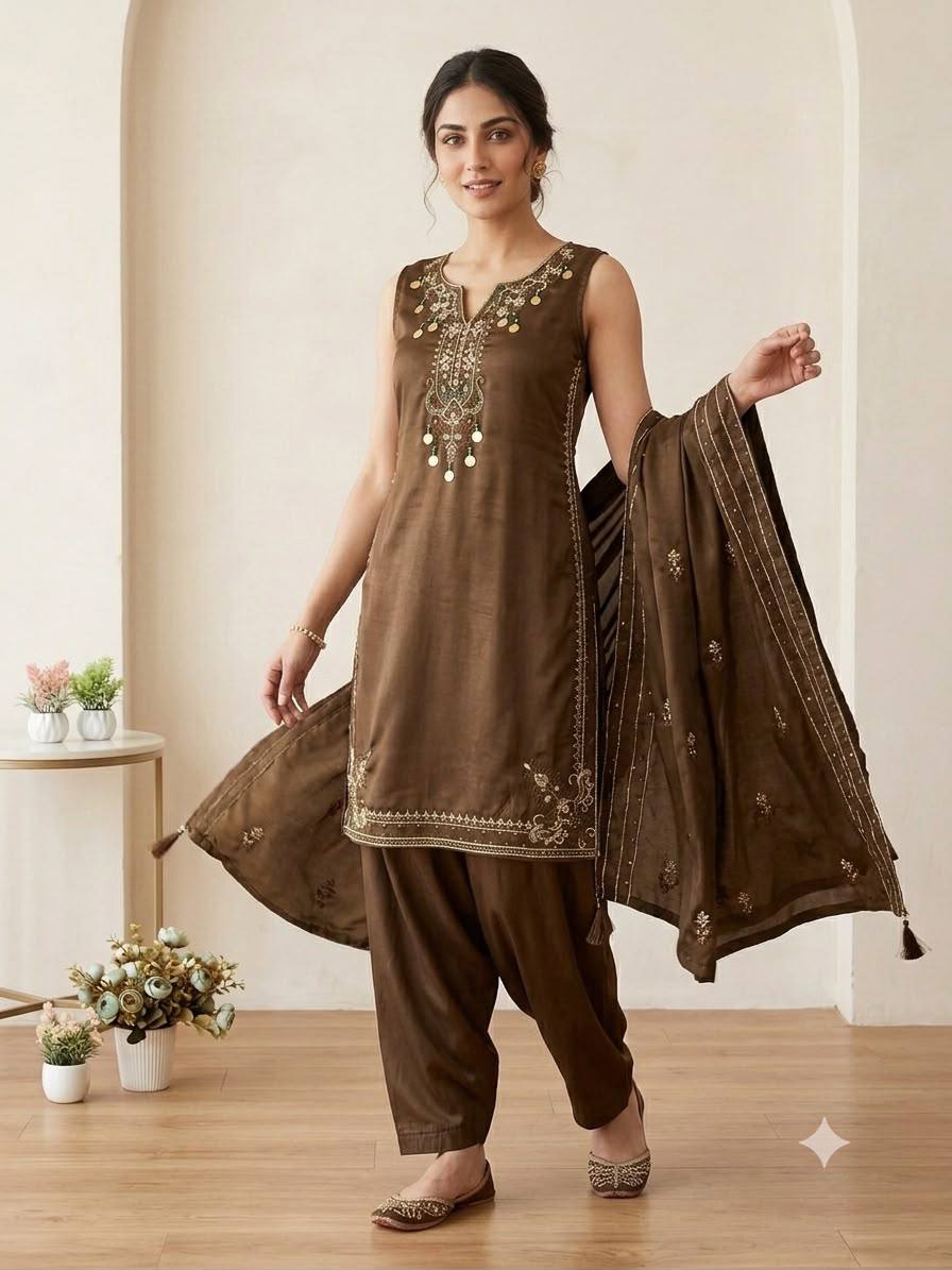 Brown Embroidered Kurta Pant With Dupatta Set | 3 Piece Ethnic Wear