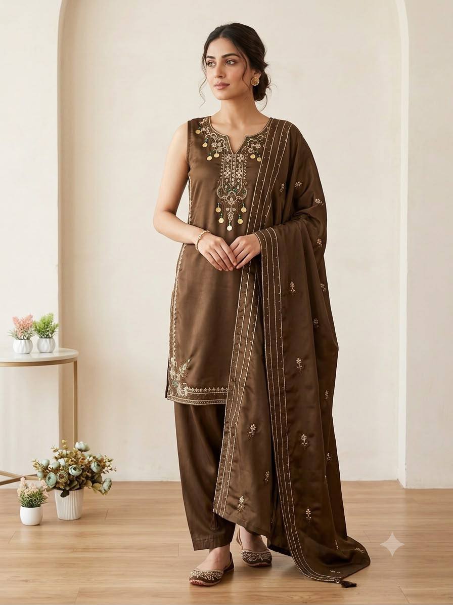Brown Embroidered Kurta Pant With Dupatta Set | 3 Piece Ethnic Wear