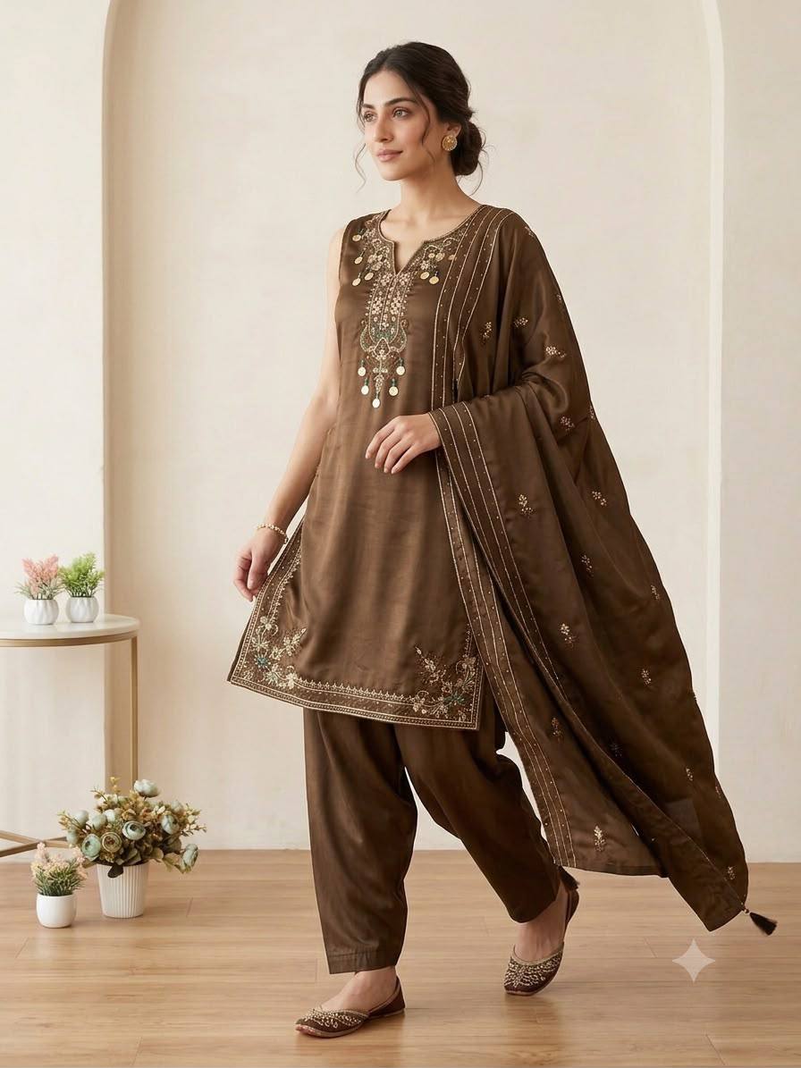 Brown Embroidered Kurta Pant With Dupatta Set | 3 Piece Ethnic Wear