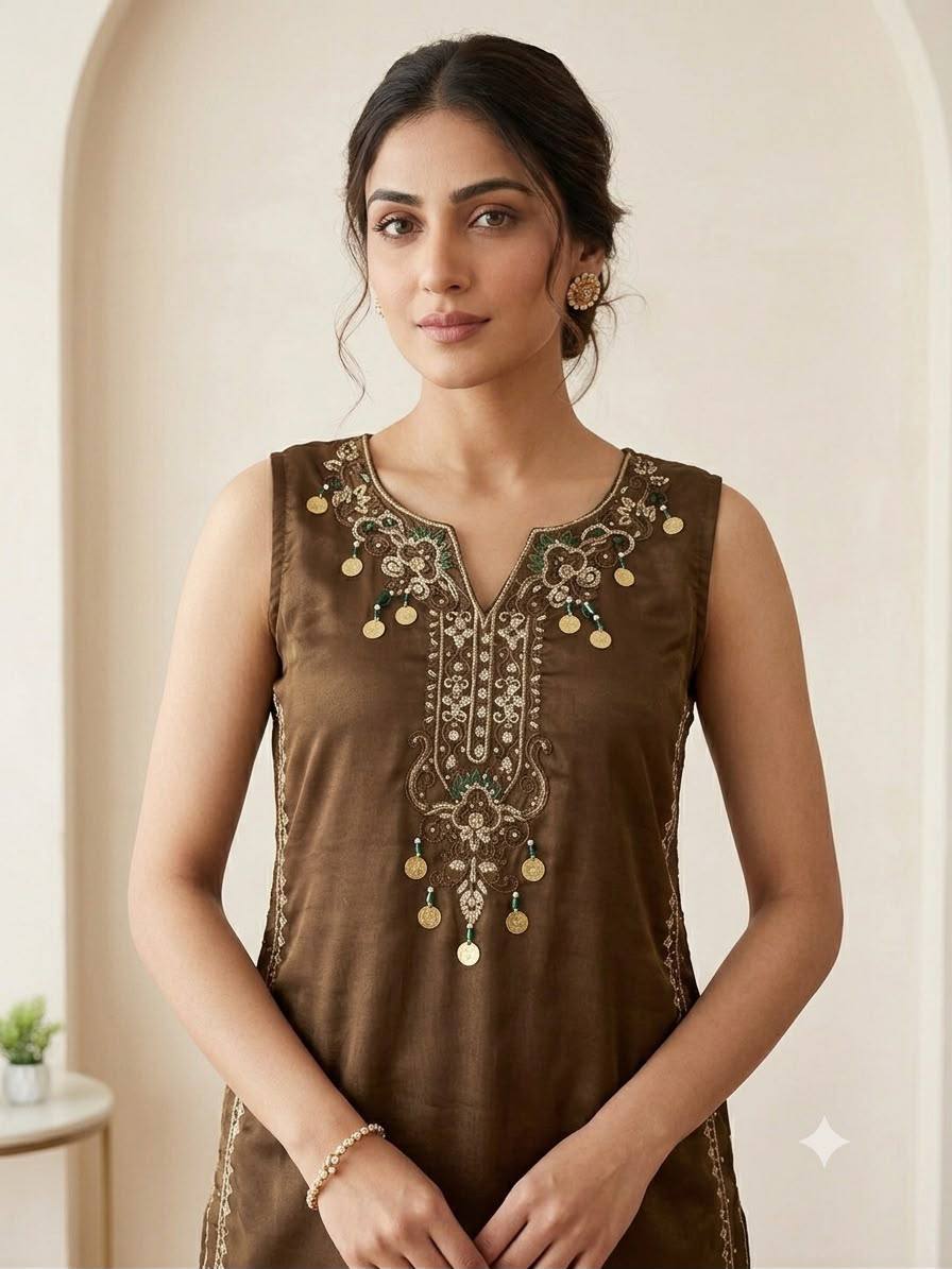 Brown Embroidered Kurta Pant With Dupatta Set | 3 Piece Ethnic Wear
