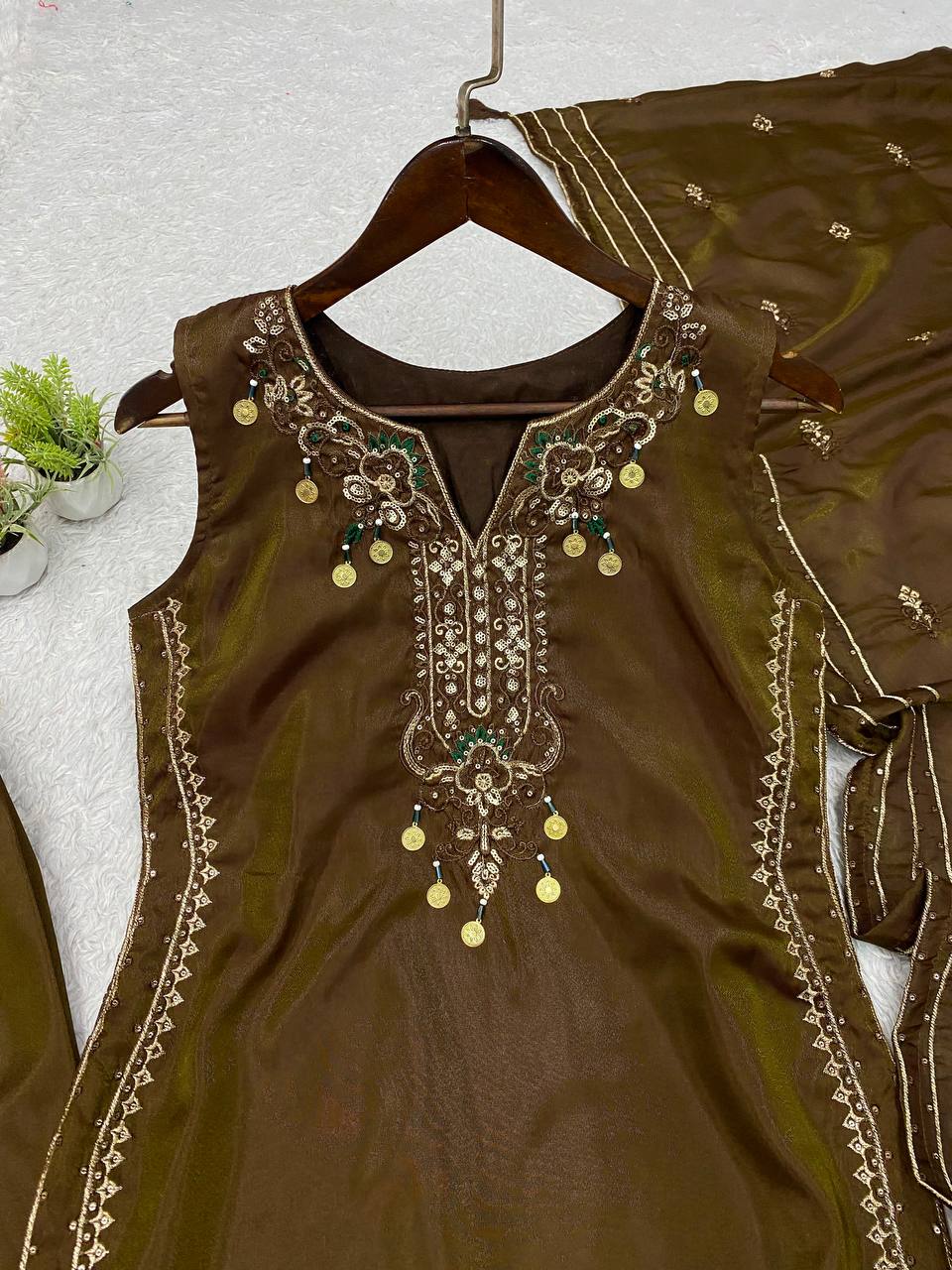 Brown Embroidered Kurta Pant With Dupatta Set | 3 Piece Ethnic Wear