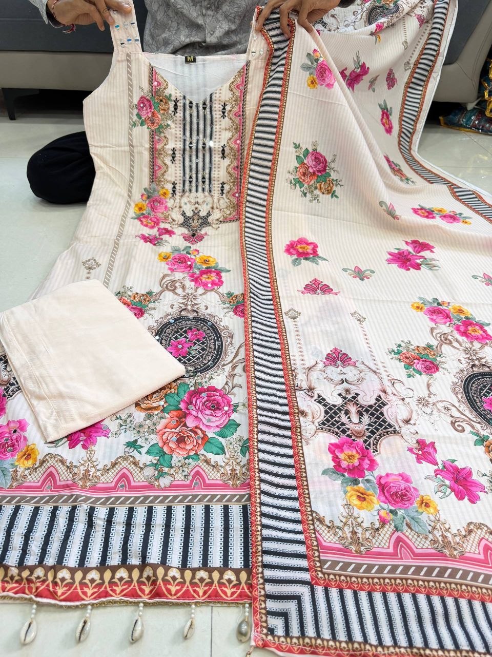 Designer Peach Floral Printed 3 Piece Pakistani Suit Set with Dupatta