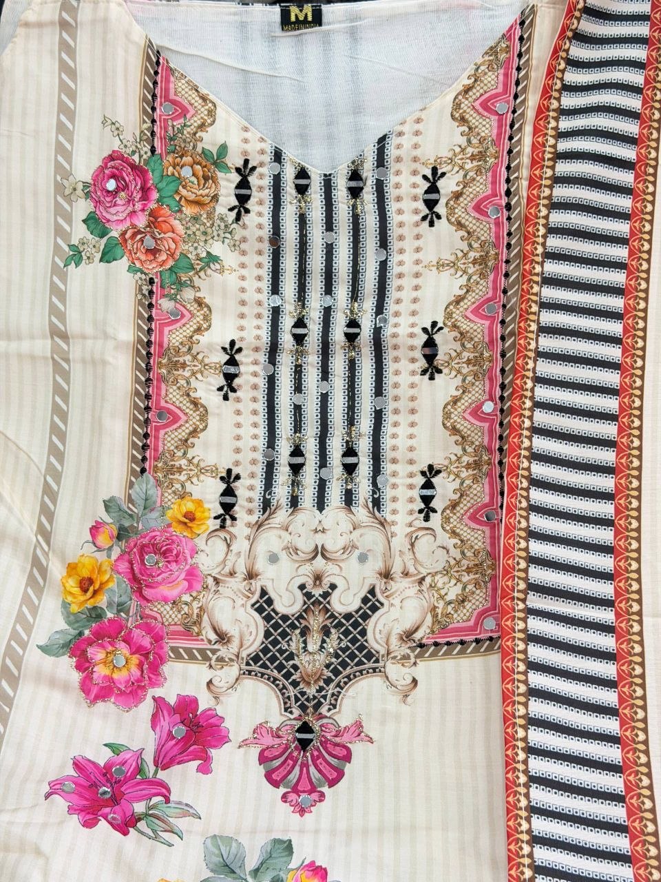 Designer Peach Floral Printed 3 Piece Pakistani Suit Set with Dupatta