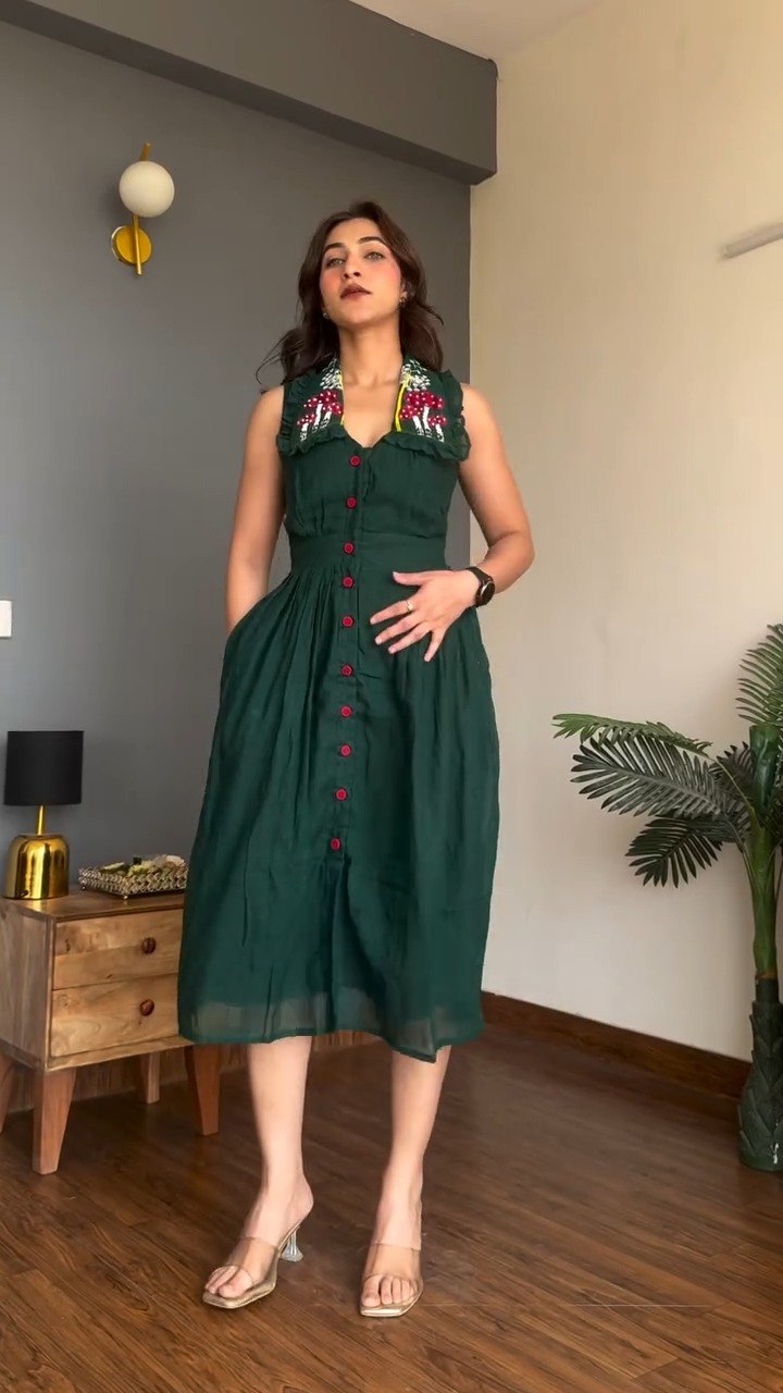 Vintage Floral Embroidered Collar Button Front Midi Dress