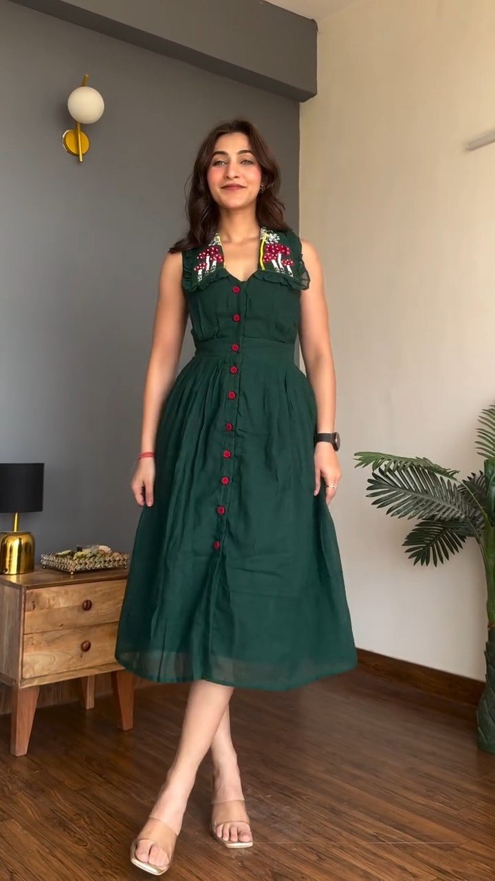Vintage Floral Embroidered Collar Button Front Midi Dress