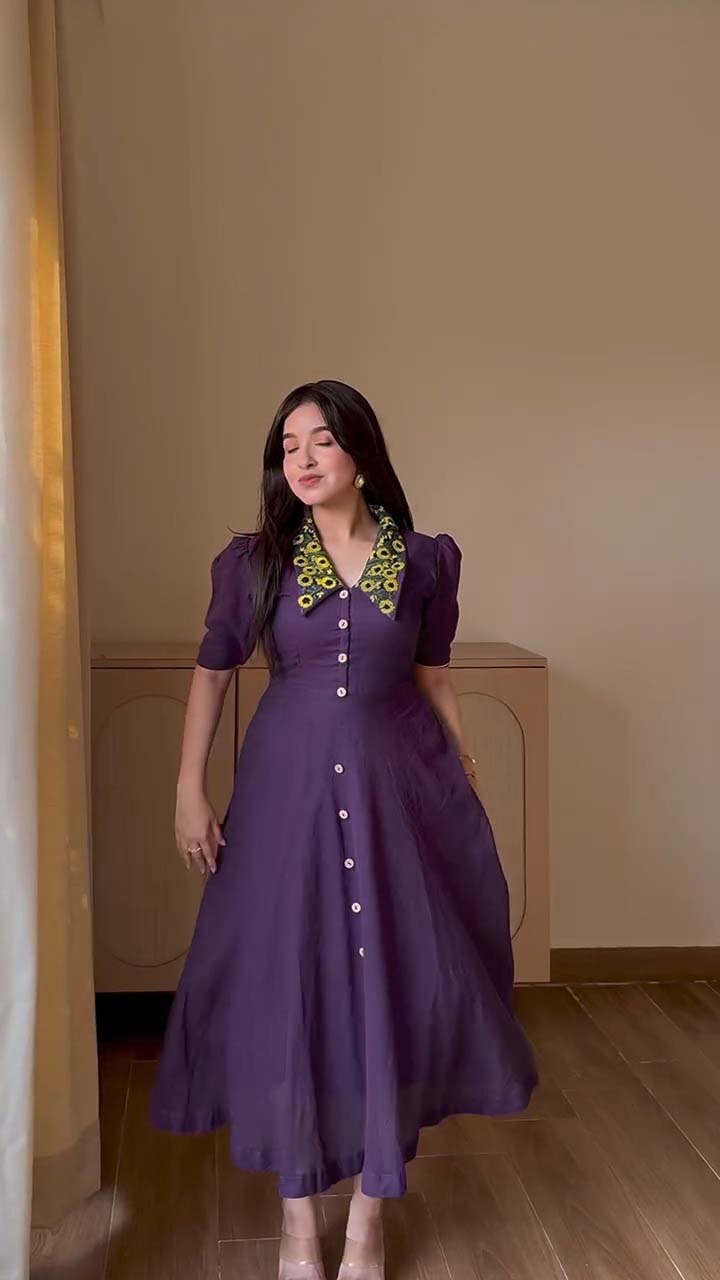 Vintage Floral Embroidered Collar Button Front Midi Dress