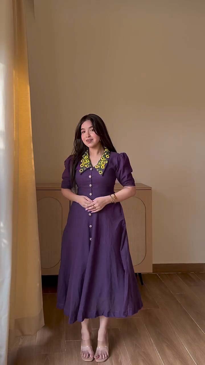 Vintage Floral Embroidered Collar Button Front Midi Dress