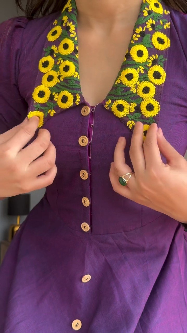 Vintage Floral Embroidered Collar Button Front Midi Dress