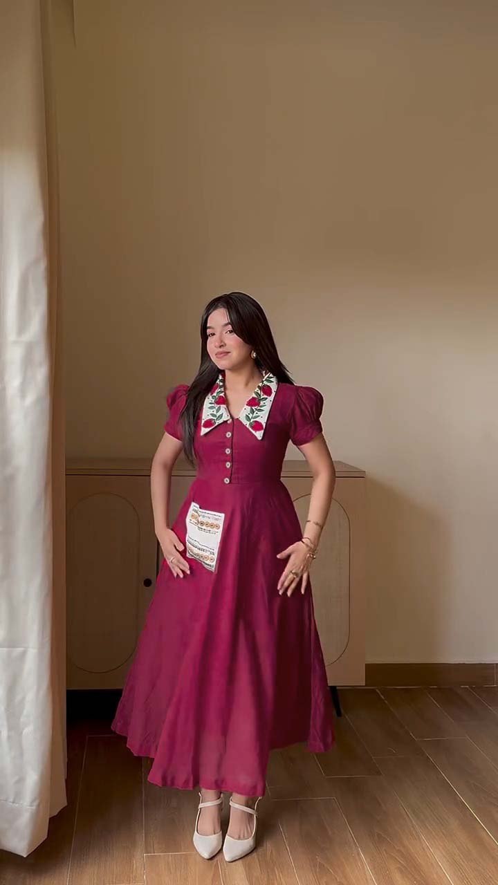 Vintage Floral Embroidered Collar Button Front Midi Dress