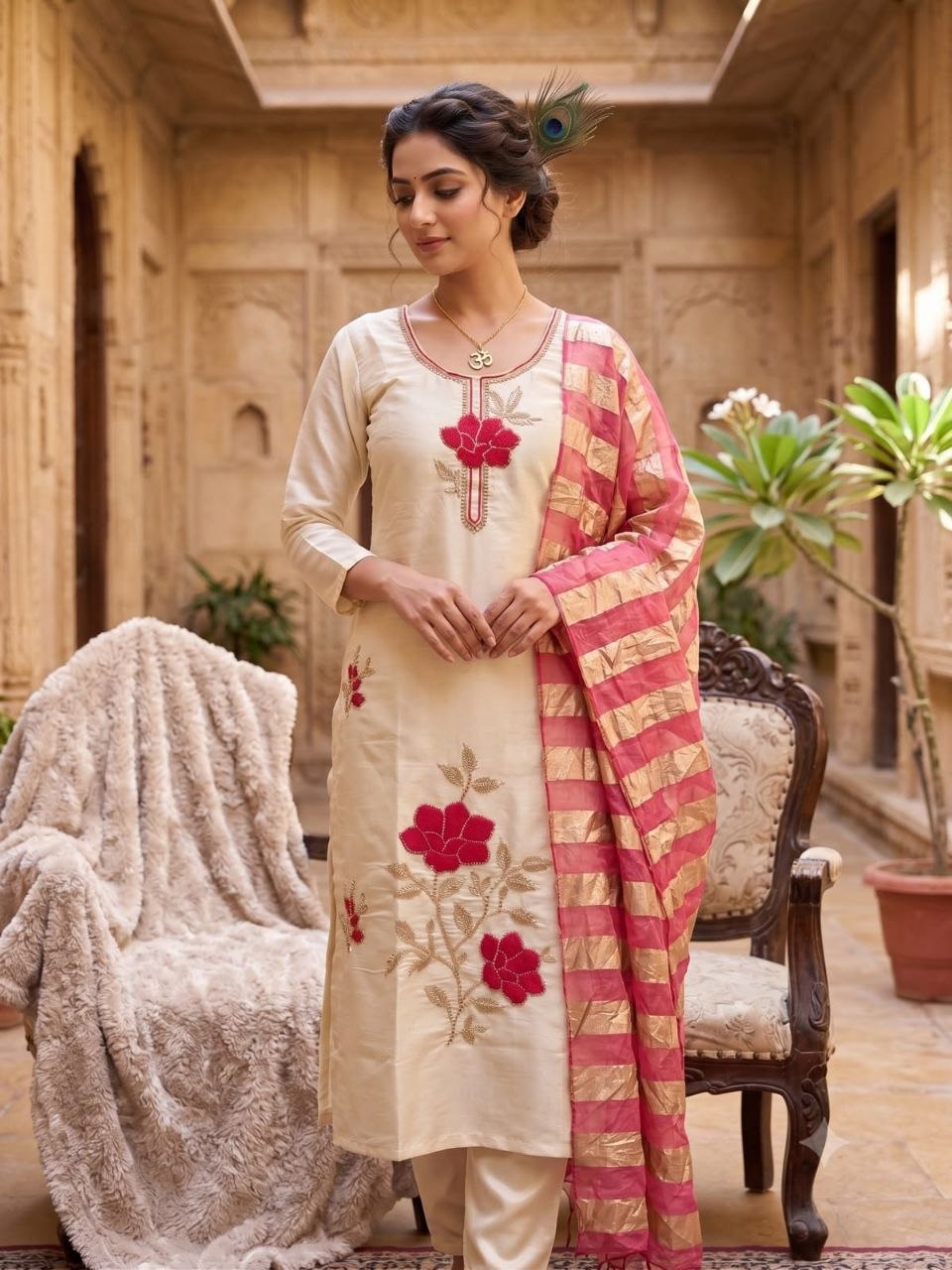 Cream Floral Embroidered Kurta Pant With Magenta Striped Dupatta Set