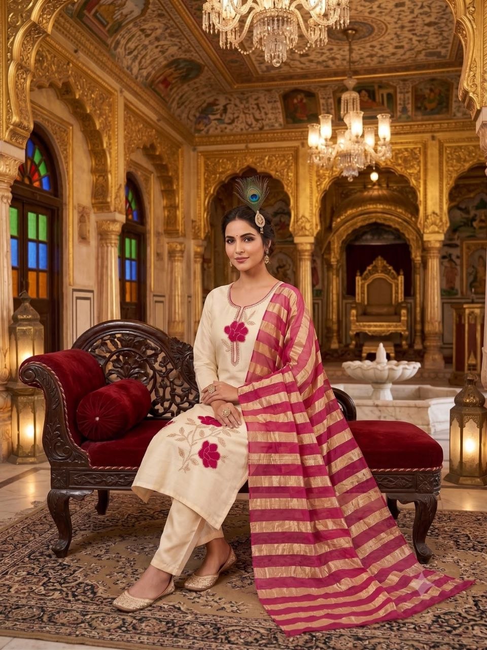 Cream Floral Embroidered Kurta Pant With Magenta Striped Dupatta Set