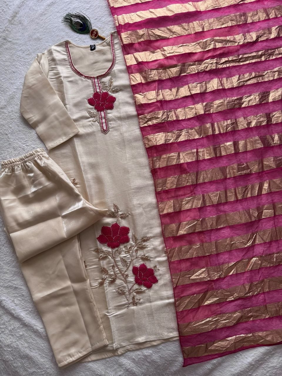 Cream Floral Embroidered Kurta Pant With Magenta Striped Dupatta Set