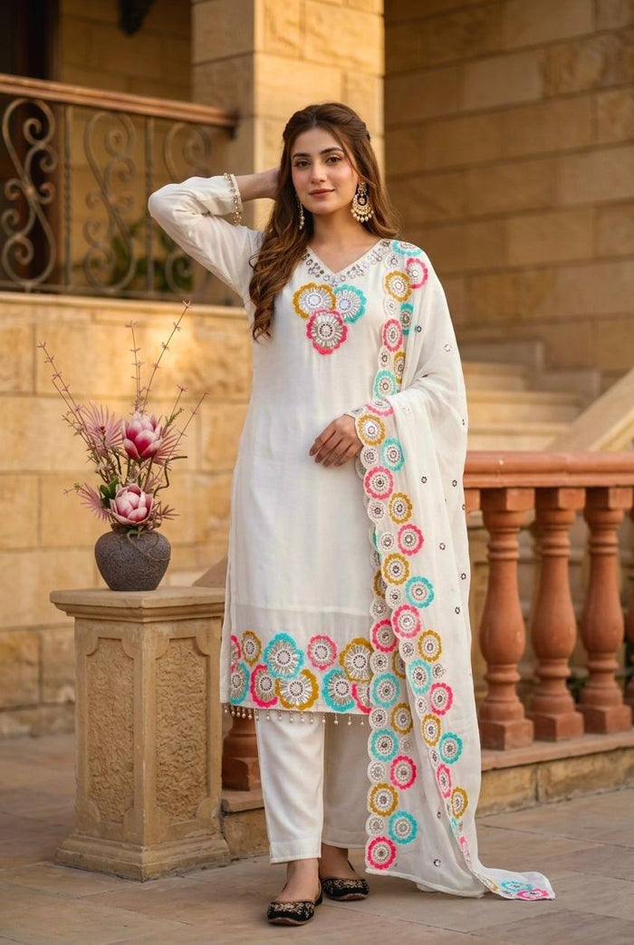 Pink Embroidered Kurta Pant Dupatta Set | Multicolor Floral Embroidery