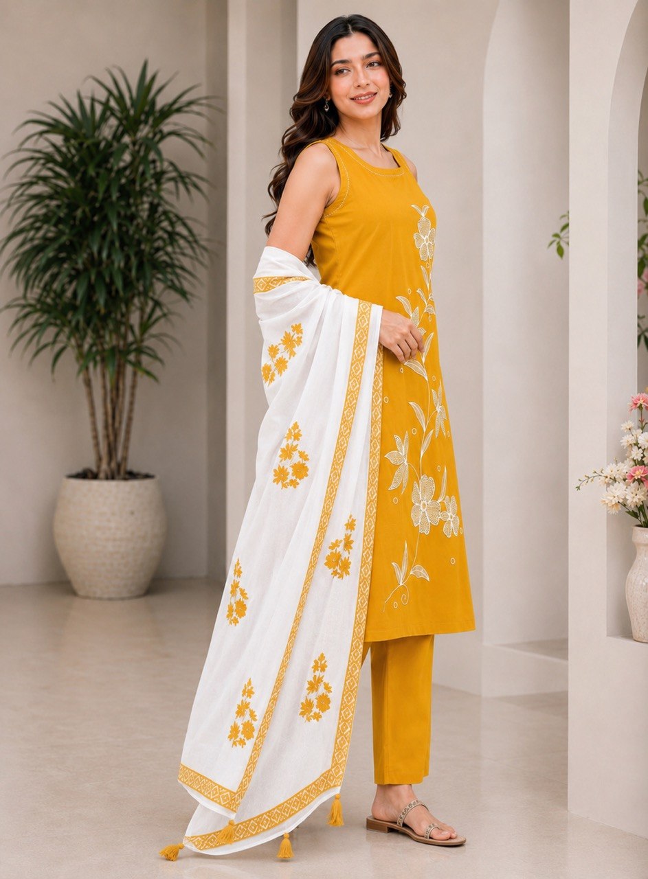 Designer Floral Embroidered Straight Kurta Pant Dupatta Set for Women | Elegant Ethnic 3 Piece Suit