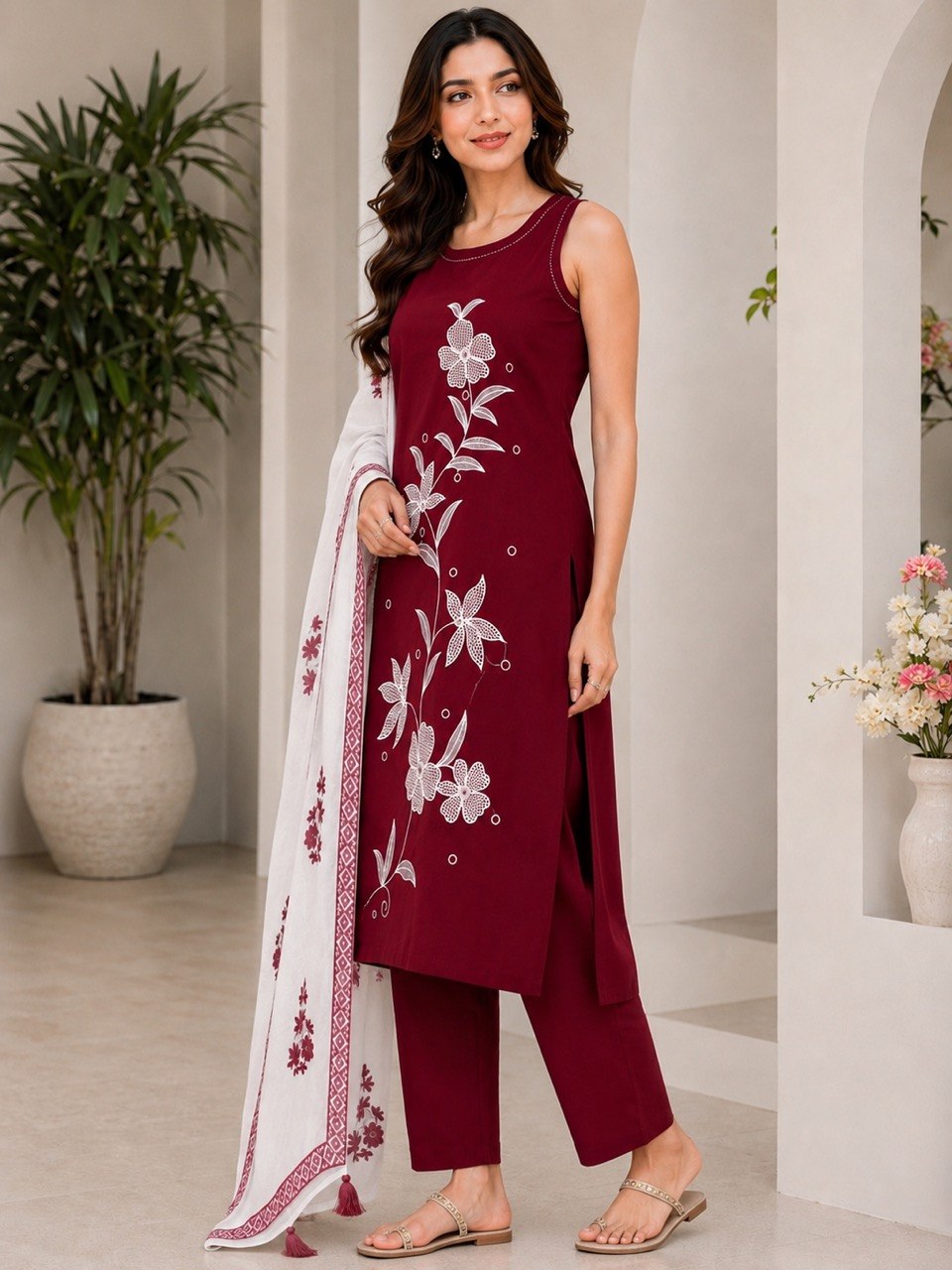 Designer Floral Embroidered Straight Kurta Pant Dupatta Set for Women | Elegant Ethnic 3 Piece Suit