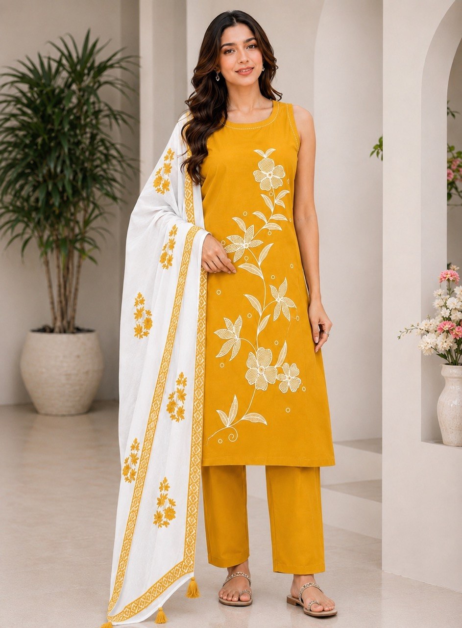 Designer Floral Embroidered Straight Kurta Pant Dupatta Set for Women | Elegant Ethnic 3 Piece Suit