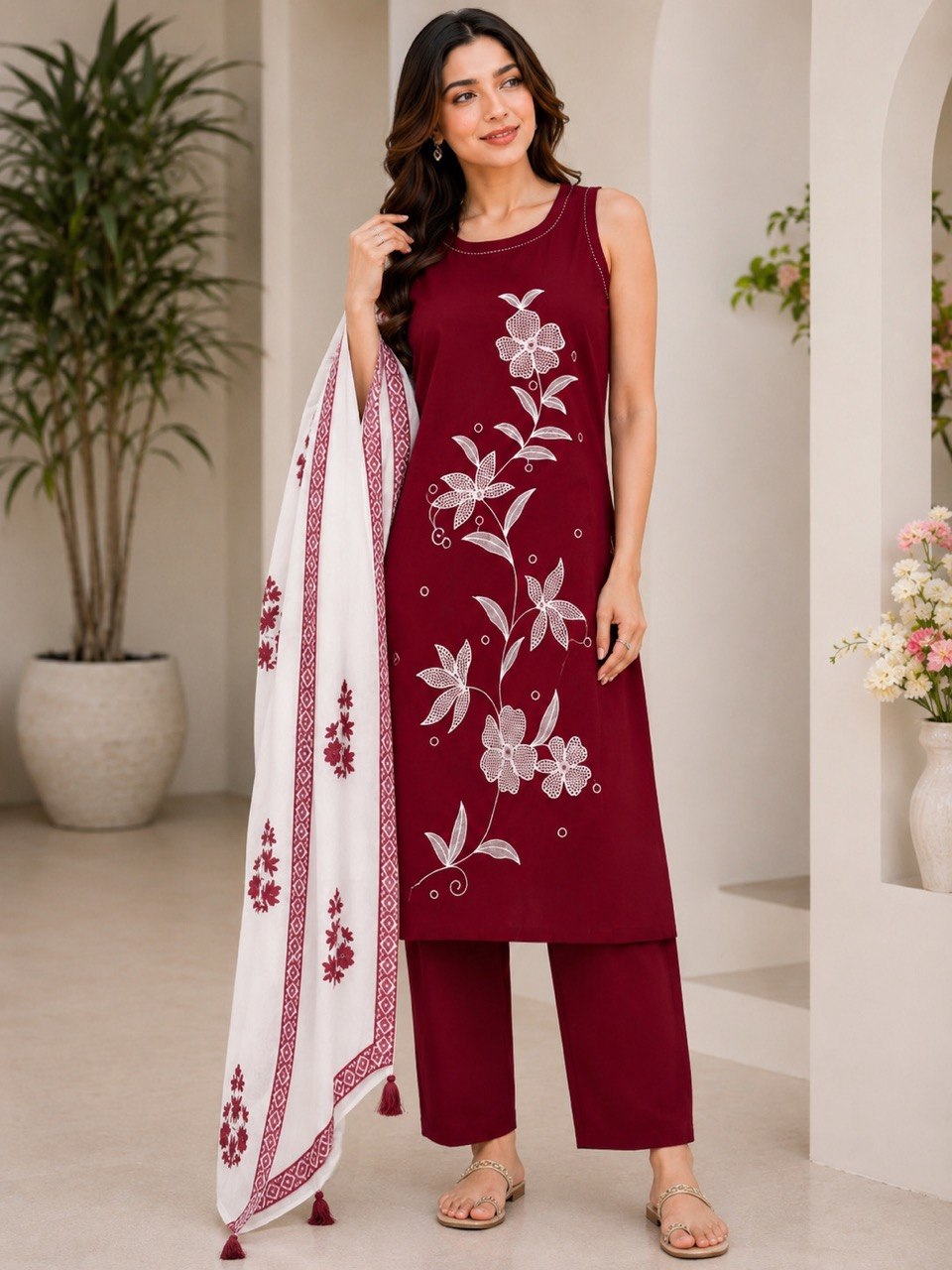 Designer Floral Embroidered Straight Kurta Pant Dupatta Set for Women | Elegant Ethnic 3 Piece Suit