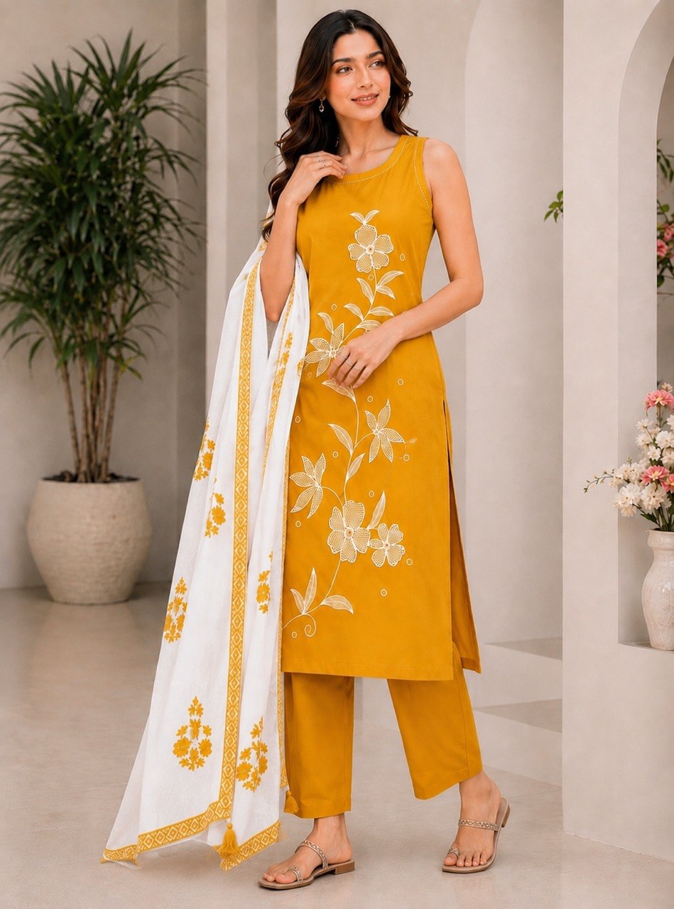 Designer Floral Embroidered Straight Kurta Pant Dupatta Set for Women | Elegant Ethnic 3 Piece Suit