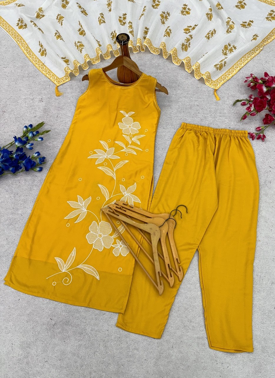 Designer Floral Embroidered Straight Kurta Pant Dupatta Set for Women | Elegant Ethnic 3 Piece Suit