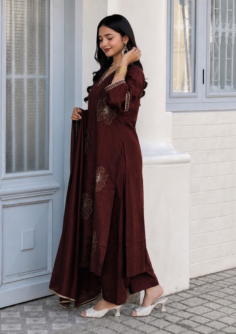 Designer Embroidered Kurta Pant Dupatta Set | Floral Embroidery Ethnic Suit Set