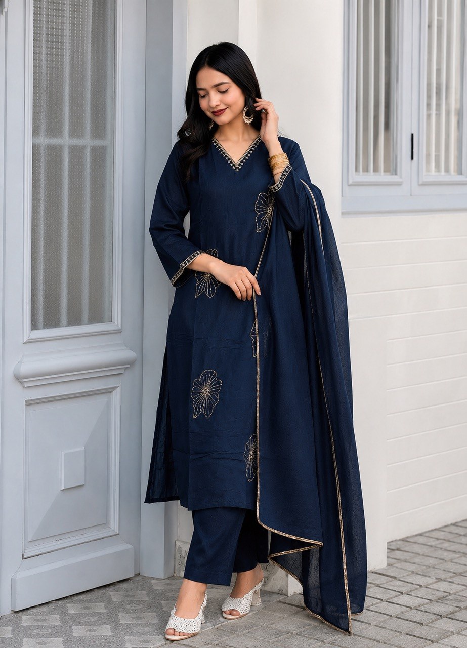 Designer Embroidered Kurta Pant Dupatta Set | Floral Embroidery Ethnic Suit Set