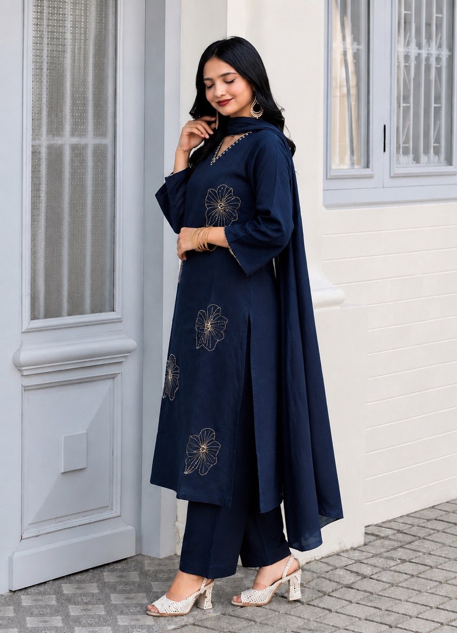 Designer Embroidered Kurta Pant Dupatta Set | Floral Embroidery Ethnic Suit Set