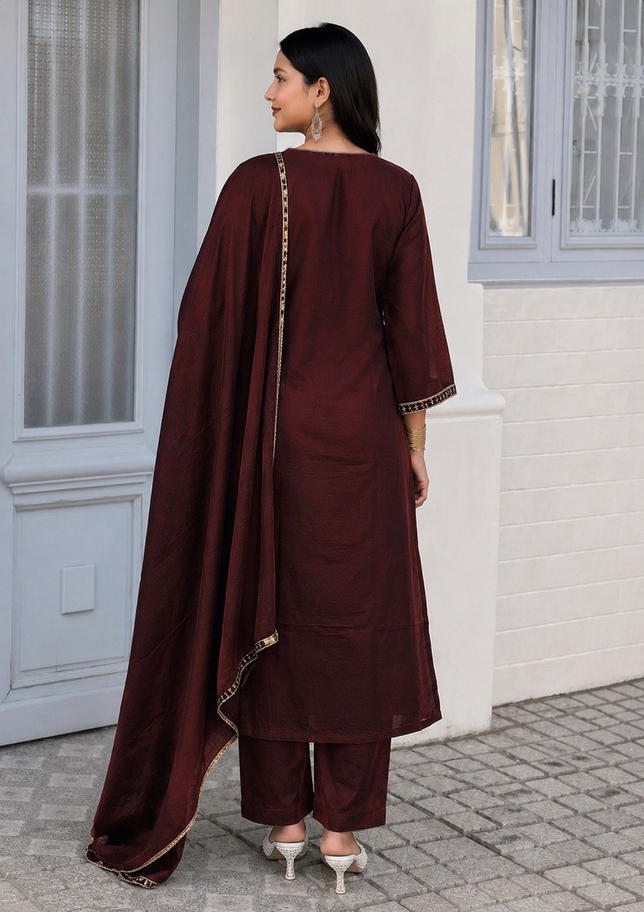 Designer Embroidered Kurta Pant Dupatta Set | Floral Embroidery Ethnic Suit Set