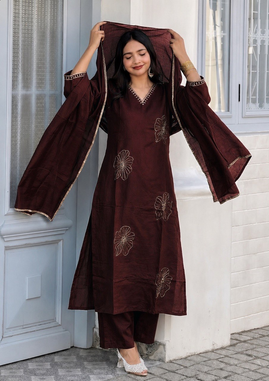 Designer Embroidered Kurta Pant Dupatta Set | Floral Embroidery Ethnic Suit Set