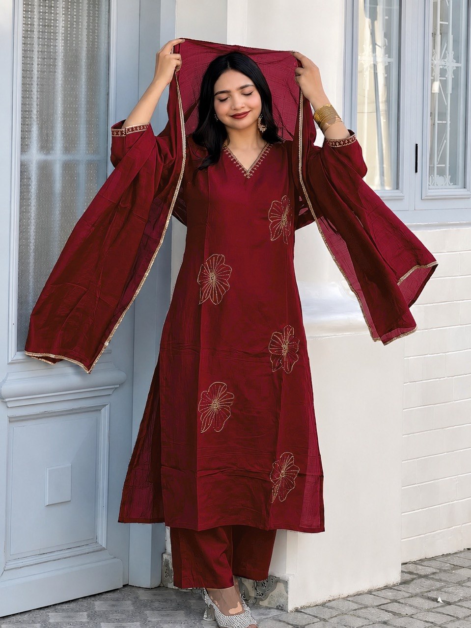 Designer Embroidered Kurta Pant Dupatta Set | Floral Embroidery Ethnic Suit Set