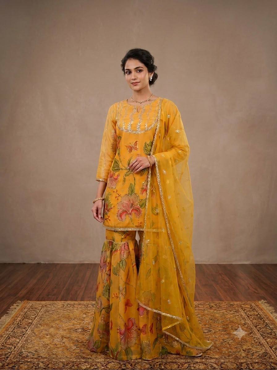 Mustard Yellow Floral Printed Embroidered Kurta Sharara Set with Dupatta