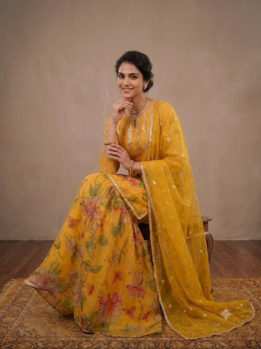 Mustard Yellow Floral Printed Embroidered Kurta Sharara Set with Dupatta