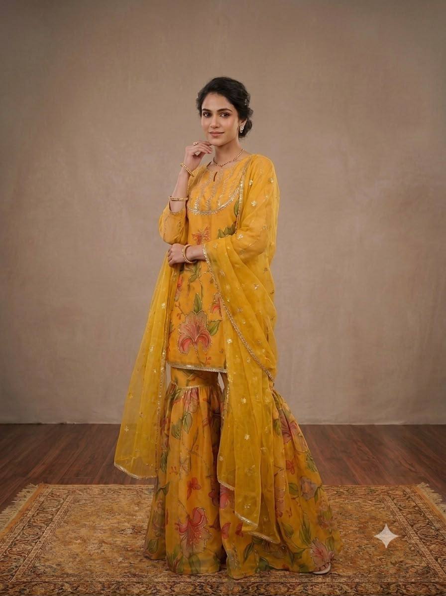 Mustard Yellow Floral Printed Embroidered Kurta Sharara Set with Dupatta