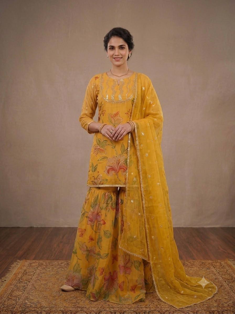 Mustard Yellow Floral Printed Embroidered Kurta Sharara Set with Dupatta