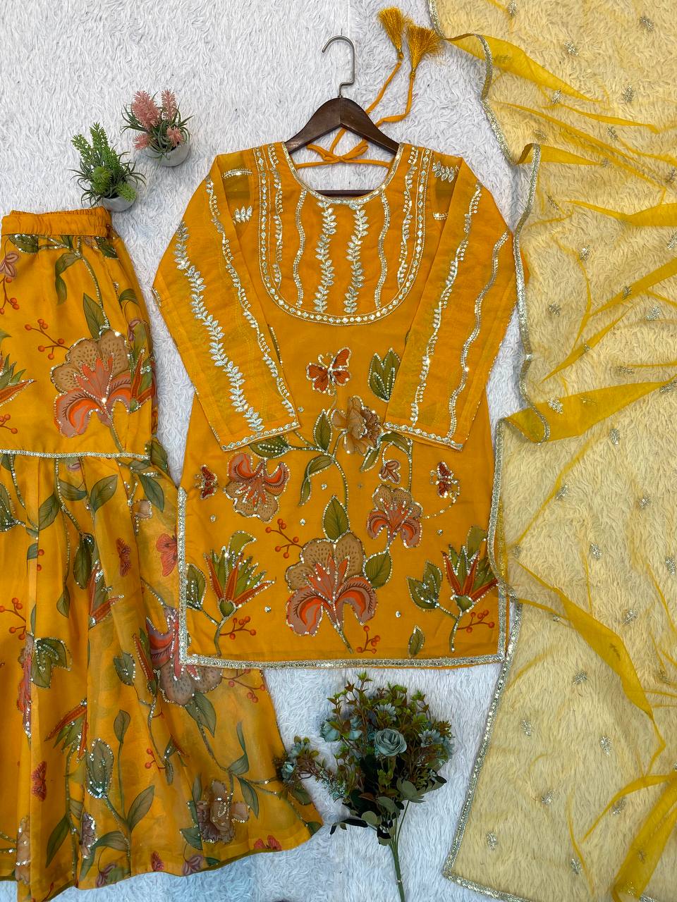 Mustard Yellow Floral Printed Embroidered Kurta Sharara Set with Dupatta