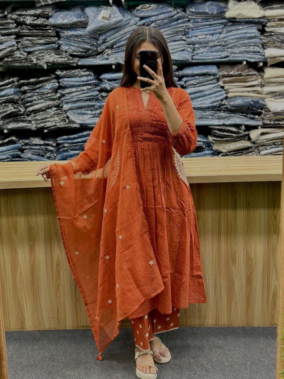 Designer Embroidered Cotton-Style Anarkali Kurta Pant Dupatta 3 Piece Suit Set