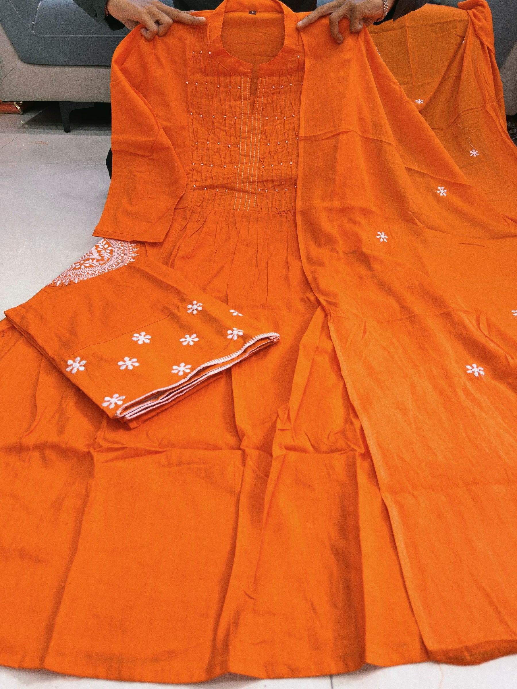 Designer Embroidered Cotton-Style Anarkali Kurta Pant Dupatta 3 Piece Suit Set