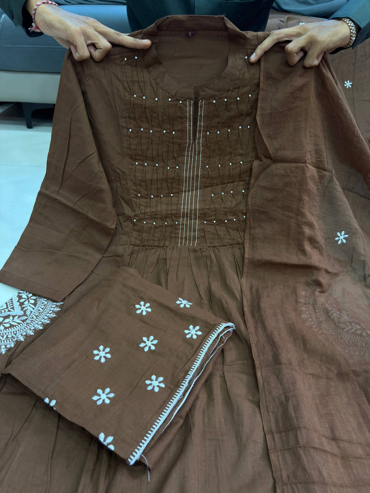 Designer Embroidered Cotton-Style Anarkali Kurta Pant Dupatta 3 Piece Suit Set